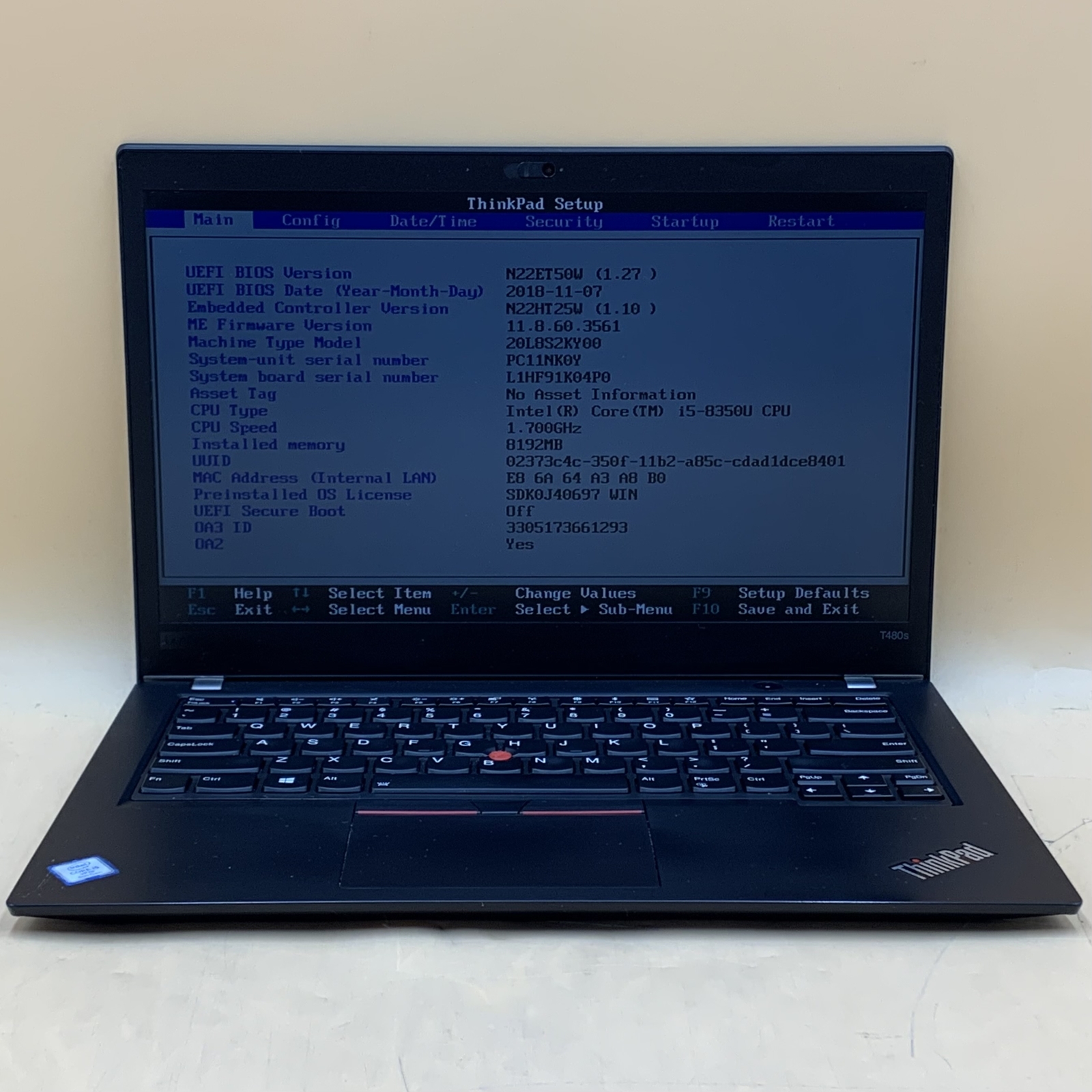 Lenovo ThinkPad T480s 20L8-S2KY00 i5-8350U 1.7GHz 8GB RAM 256GB SSD NVMe - Picture 1 of 7