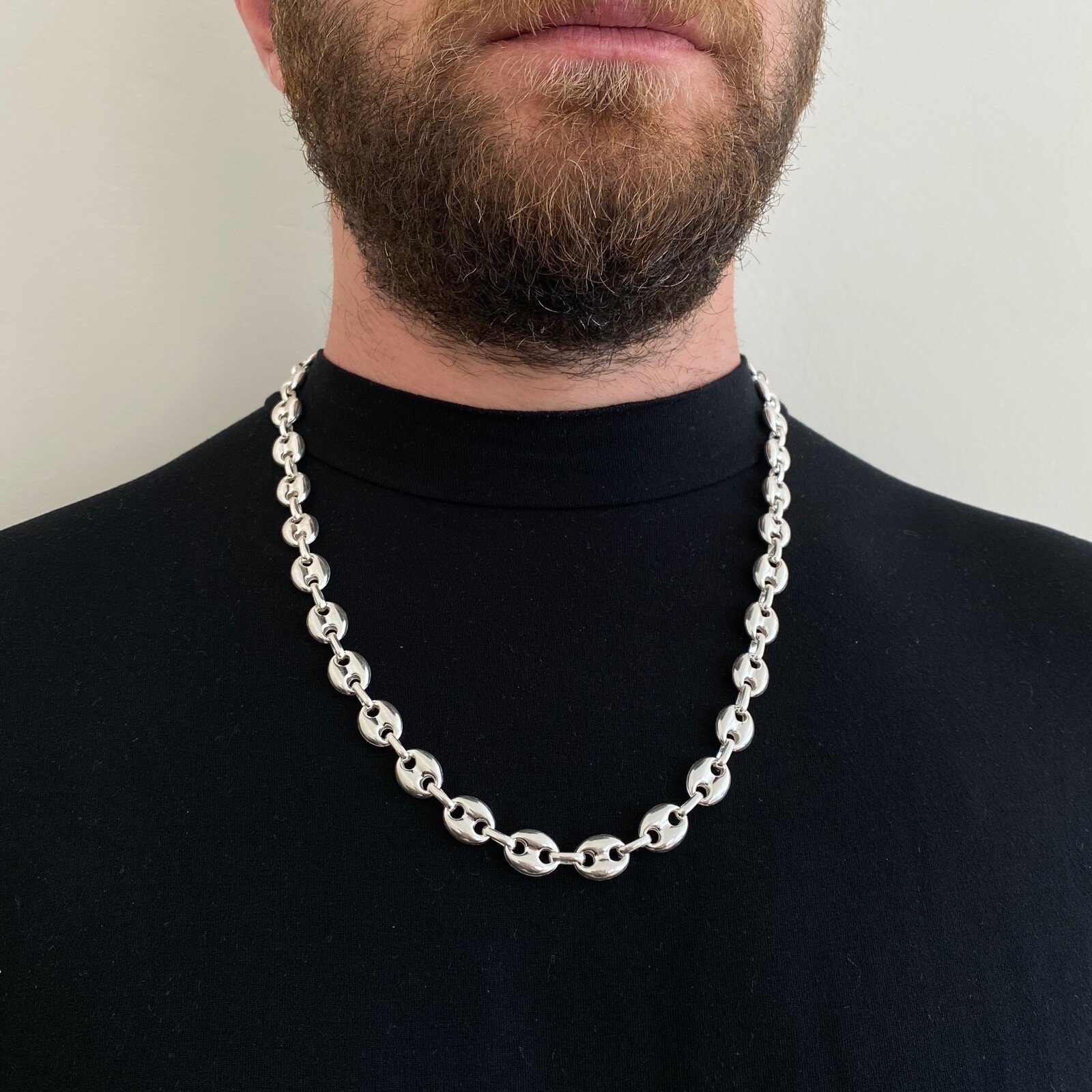 Pre-owned Handmade Mens Puffed Mariner Chain Necklace Hollow 9mm 61gr 925 Silver Sterling 36"