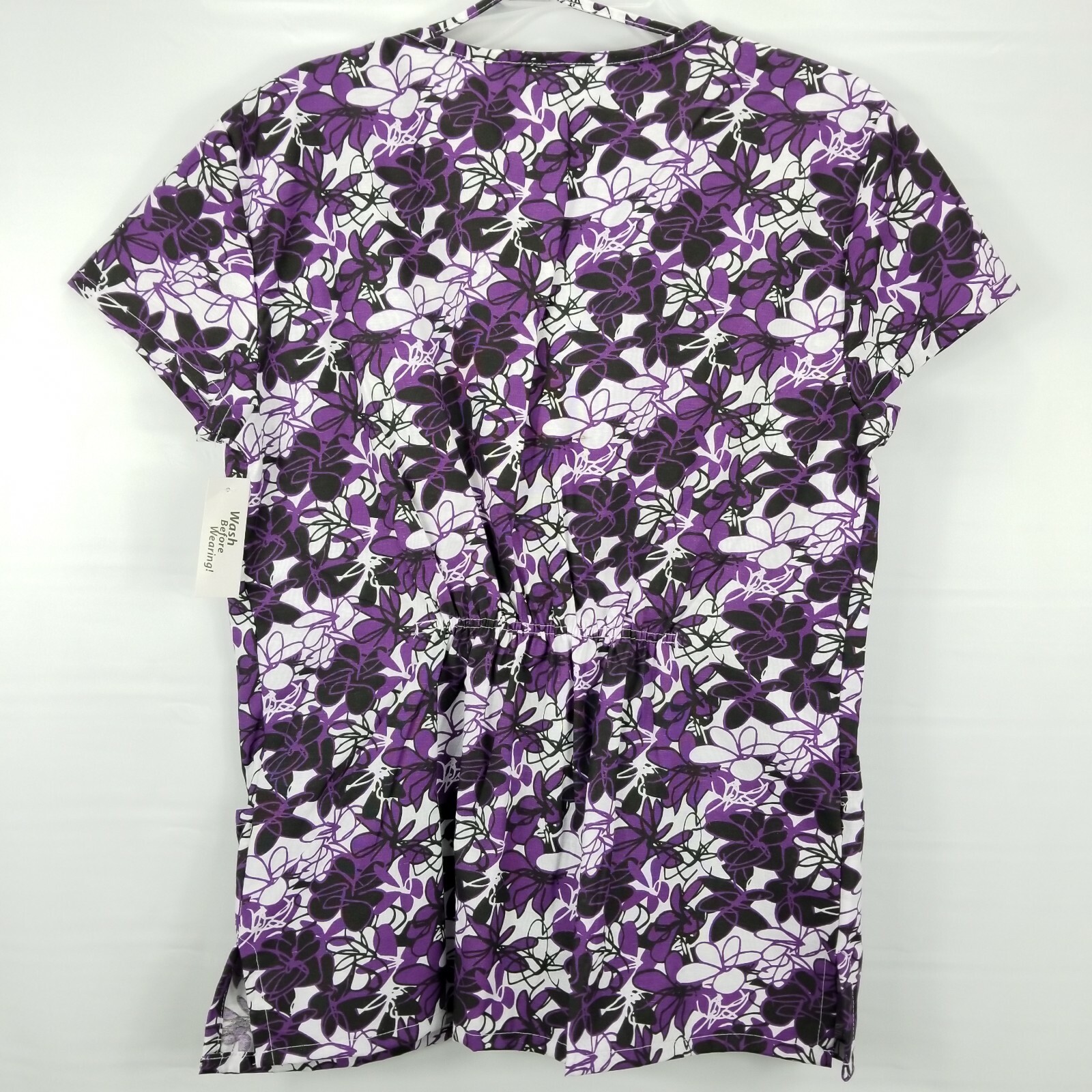 Bobbie Brooks Womens Medium Scrub Top Purple Floral Scrunch Waist