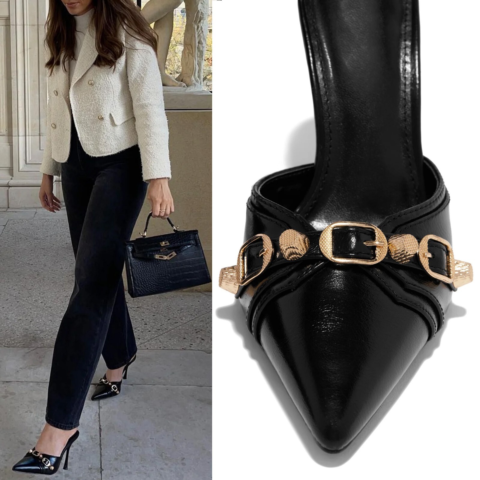 NEW Black Gold Studs Buckle Strap Pointy Toe Slip On Slides