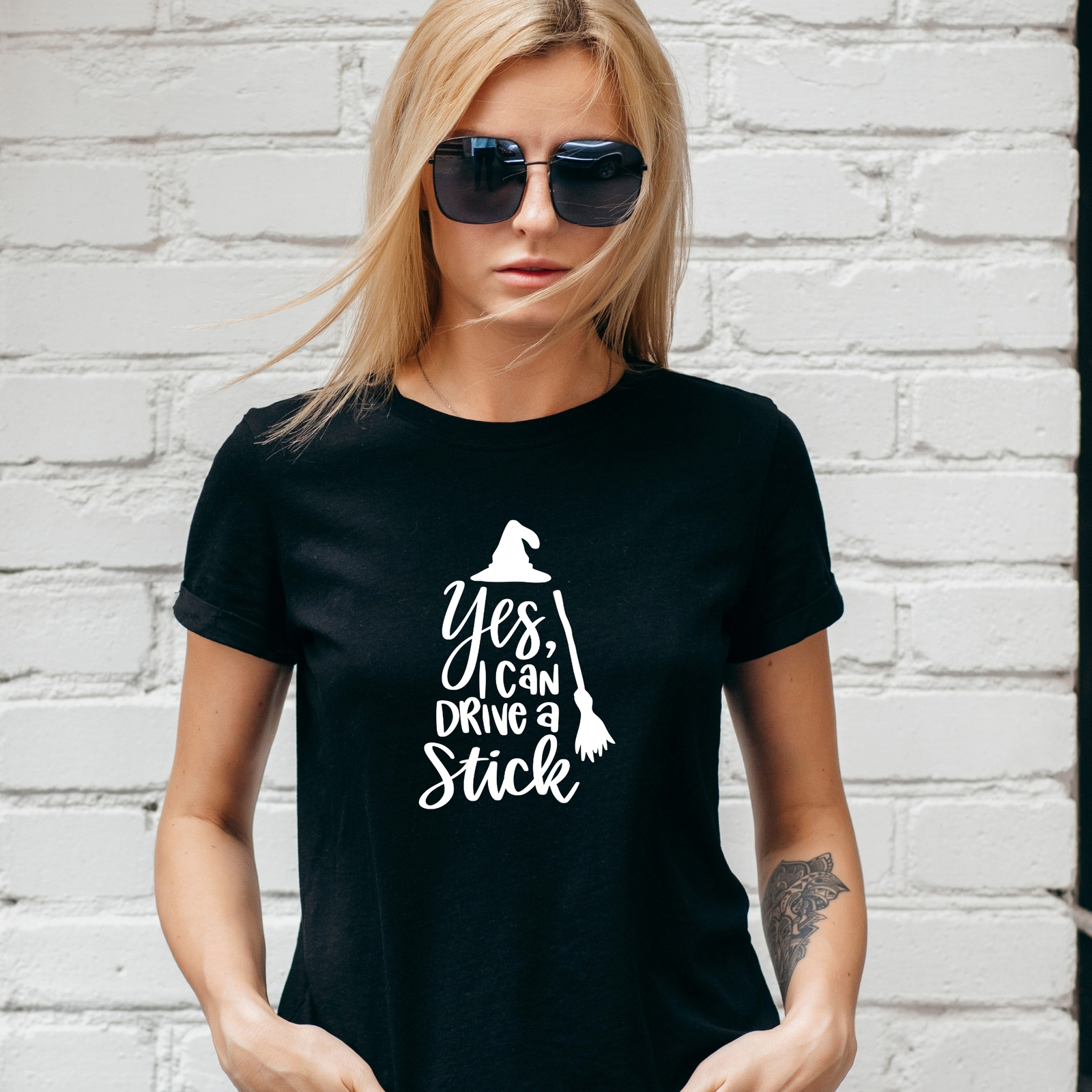 YES I CAN DRIVE A STICK T-SHIRT, HALLOWEEN FallNWITCH PAGAN, Unisex/Lady Fit