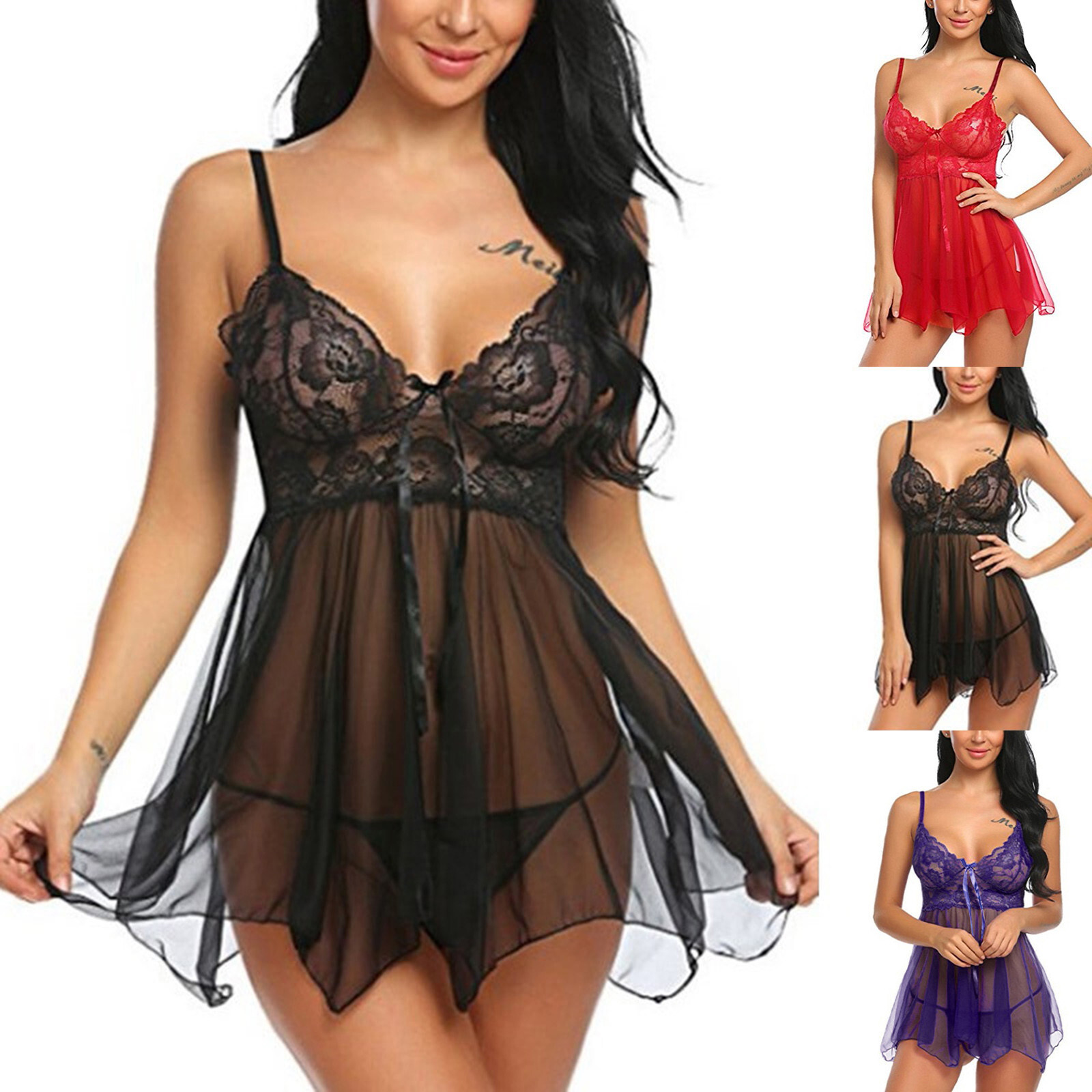 Women'S Lace Lace Sexy Female See Through Front Split Halter Nightgown