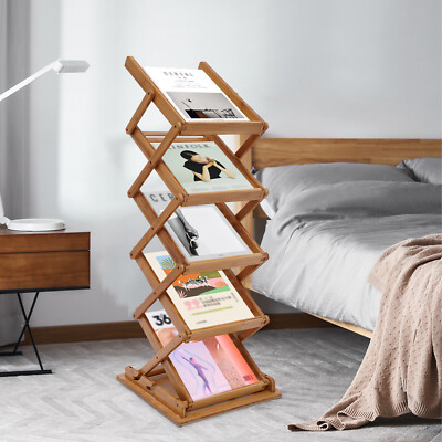 Heavy Duty Bamboo Magazine Rack 5 Layers Foldable File Shelf Pop-up Book Stand