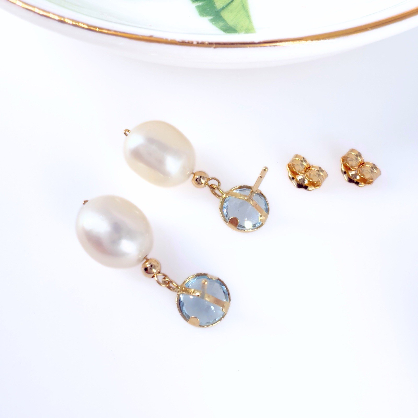 14k Yellow Gold Sky Blue Topaz & Genuine Cultured Pearl Dangle/Drop Earrings - Picture 6 of 8
