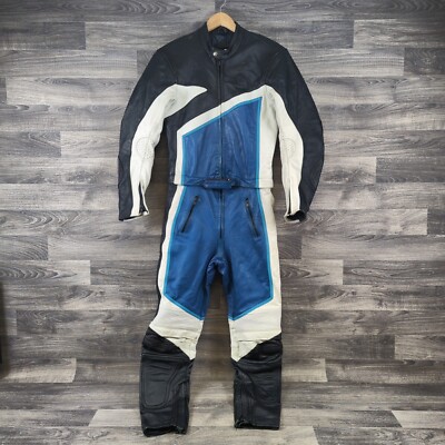 KRAWEHL LEDER Vintage Leather 2 Piece Motorcycle Suit Label Size 50 Blue White