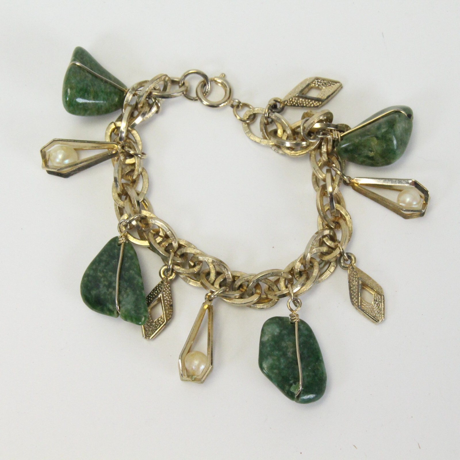 Vintage Caged Stone Gold Tone Link Bracelet Estate Jewelry 7 inch