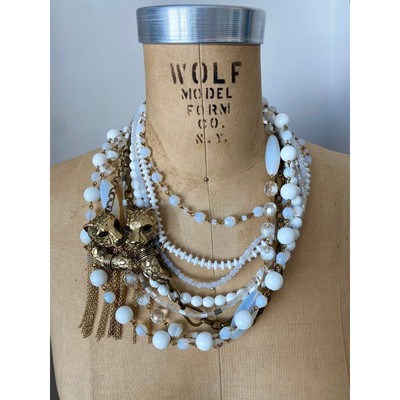 Gabriele Frantzen White Multi-Strand Statement Necklace with Gold-Tone Tigers 