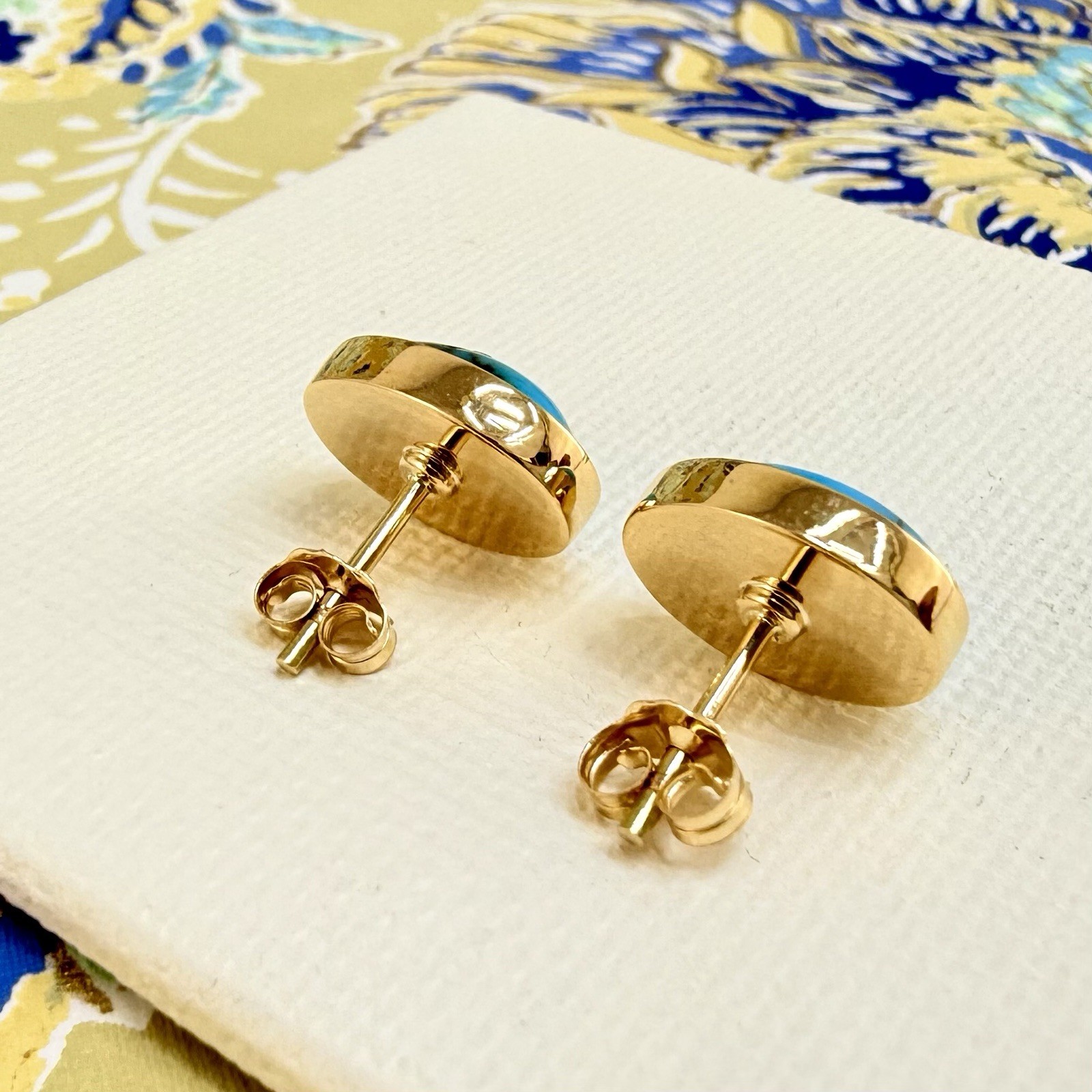 14k Yellow Gold Egyptian Turquoise Custom Made Stud Earrings, New Pair #2 - Picture 4 of 8