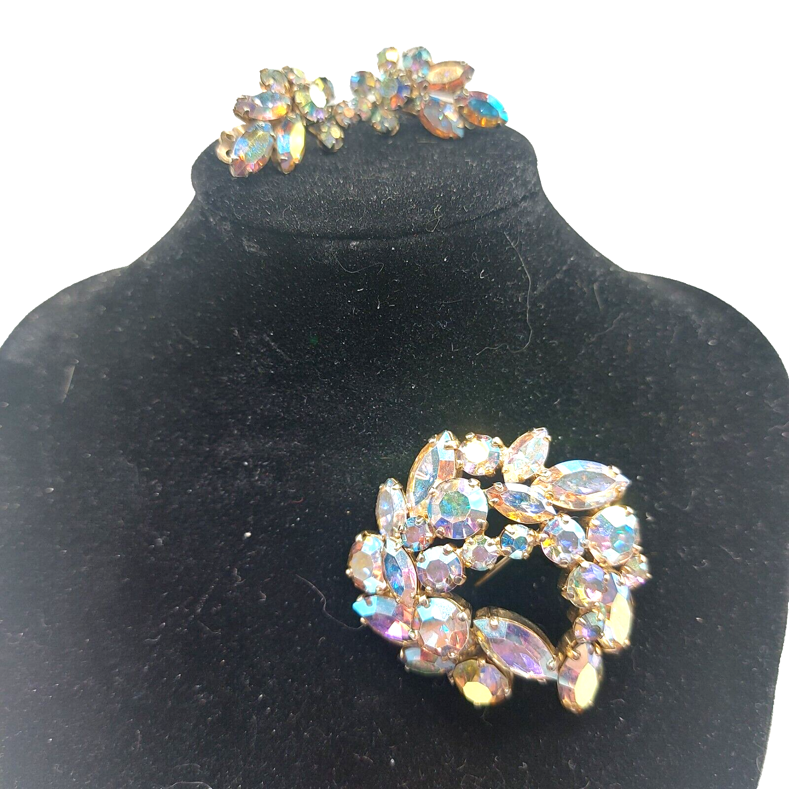 VTG Sherman Swarovski Crystals AB Brooch and Clip on Earrings Demi Parure Signed
