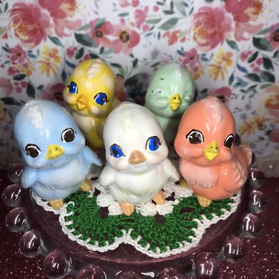 Vtg Set Of Five Ceramic Easter Chicks Figurines White Yellow Peach Mint Blue