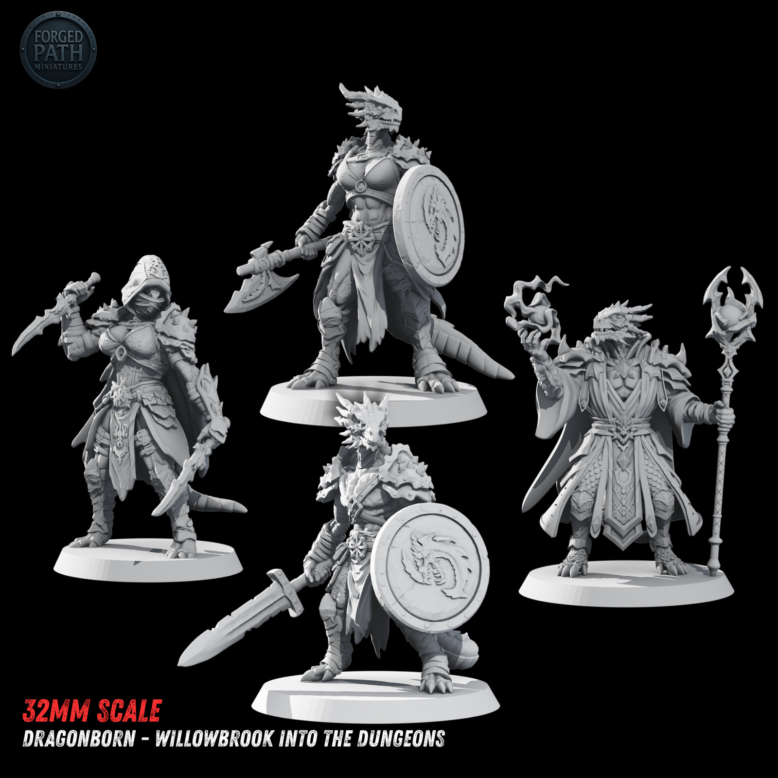 Dragonborn Set of 4 | 32mm Resin Fantasy Dragonfolk | Forged Path Miniatures