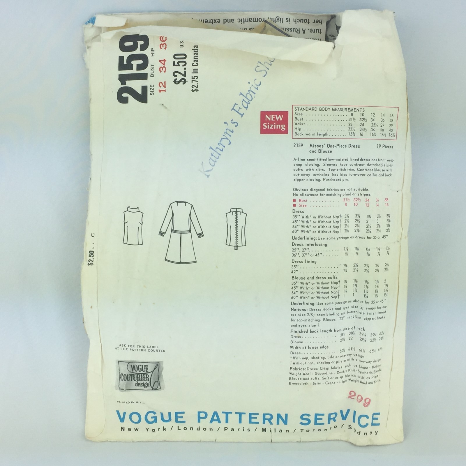 Vogue 2159 Vintage 60's Galitzine of Italy Couturier Design Dress Pattern