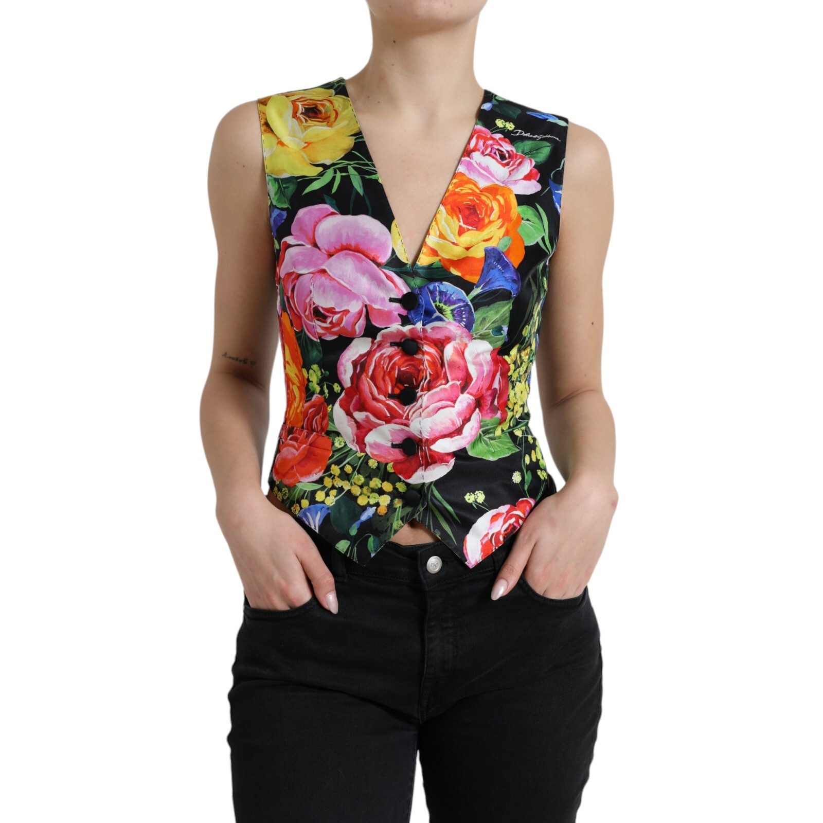 Топ DOLCE & GABBANA, разноцветный жилет на пуговицах с цветочным рисунком, IT40/US6/S 1200 долларов США