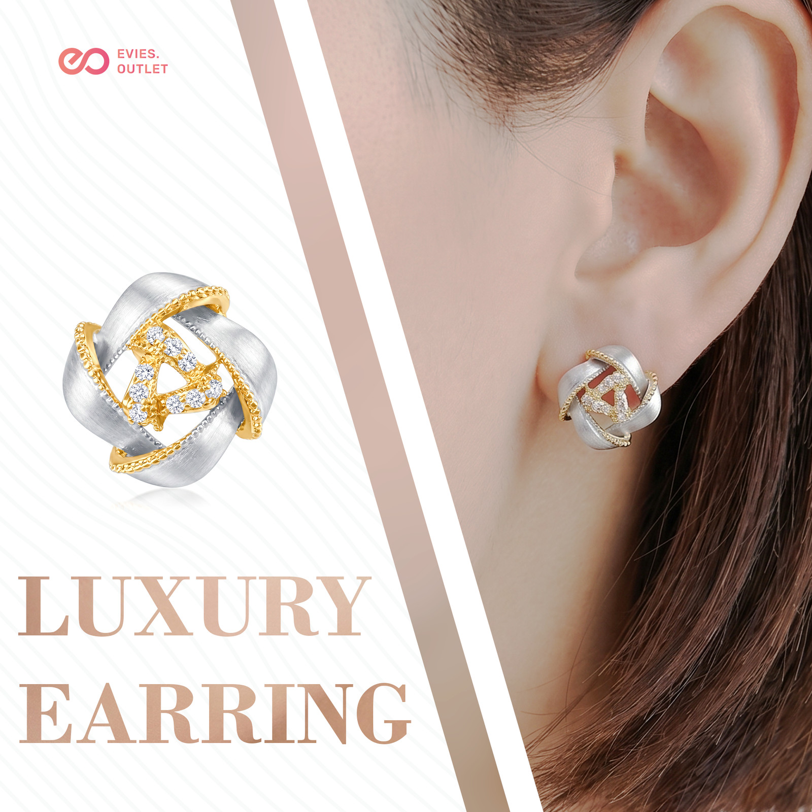 Two Tone Silver Gold Knot Crystal Stud Earrings Women Luxury Jewelry Brushed