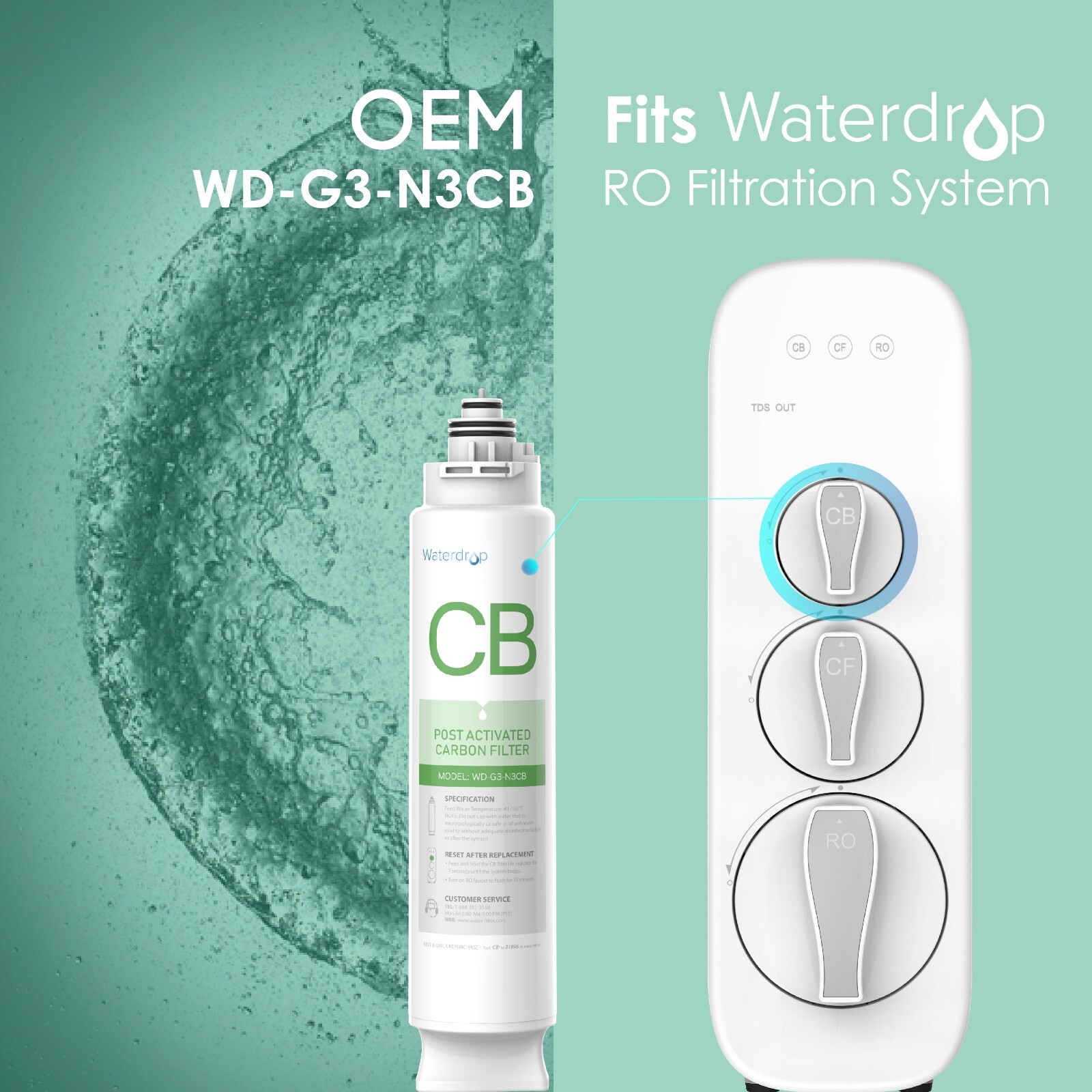 Waterdrop WD-G3-N3CB Filter, 1-year Lifetime, Used for Reverse Osmosis System