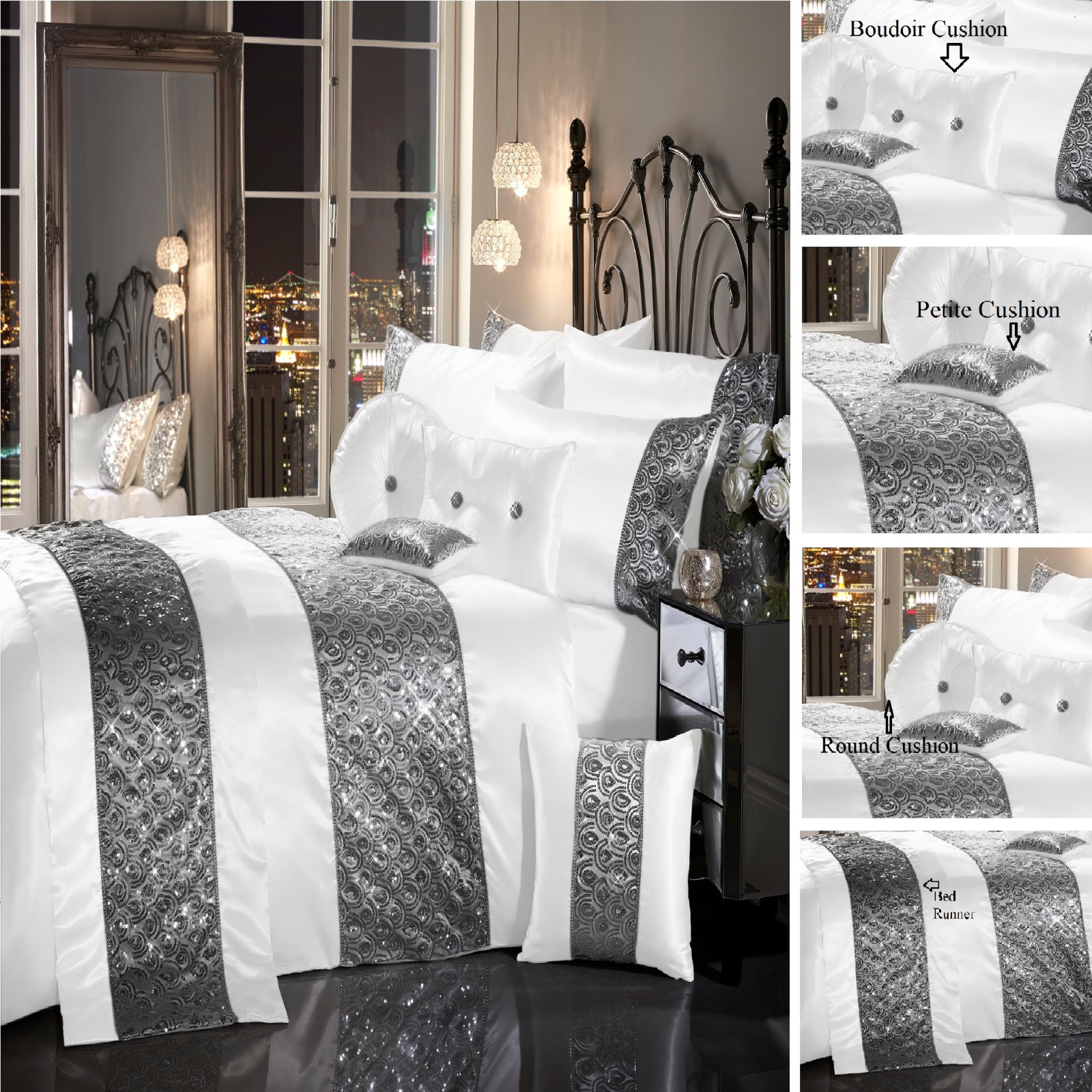 LUXURY DIAMANTE DUVET QUILT COVER BEDDING LINEN SET SPARKLE SILVER GREY
