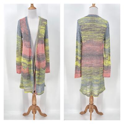 CHASER Duster Cardigan Sweater Womens Medium Gray Yellow Open Space dyed Marl