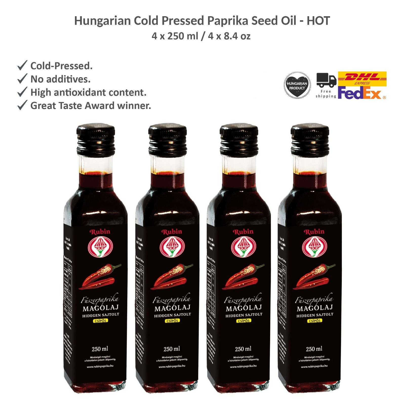 Hungarian Cold Pressed Hot Paprika Seed Oil from Szeged Region, Rubin 4 x 250 ml