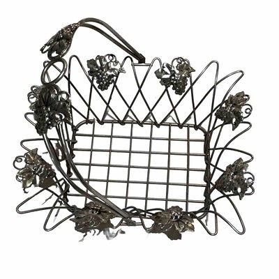 Vintage Rectangle Metal Basket Silvertone w/ Handle Grape Leaf Clusters