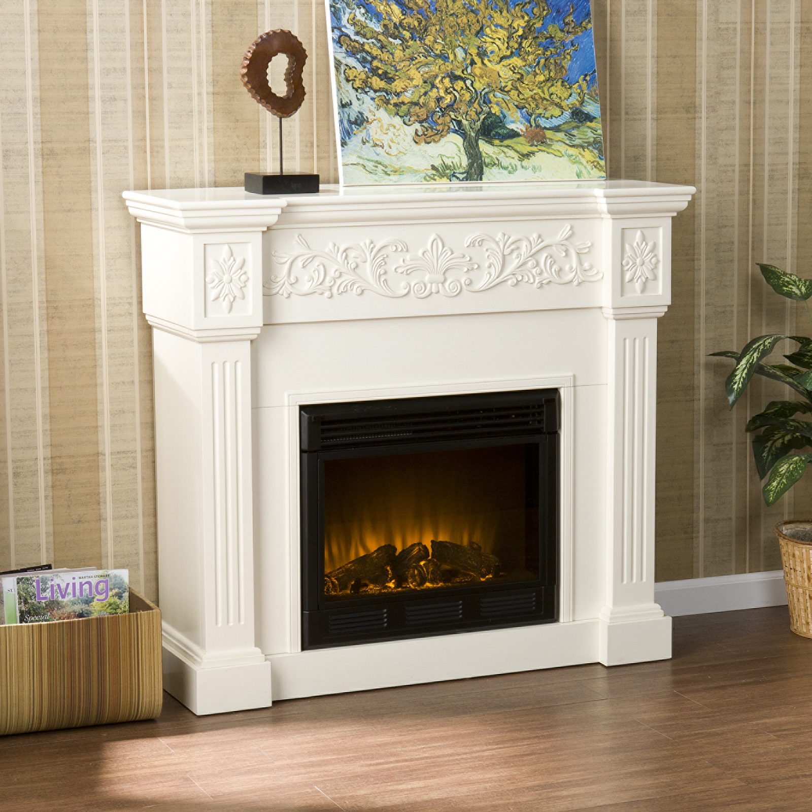 Southern Enterprises Calvert Carved Ivory Gel Fireplace Ivory