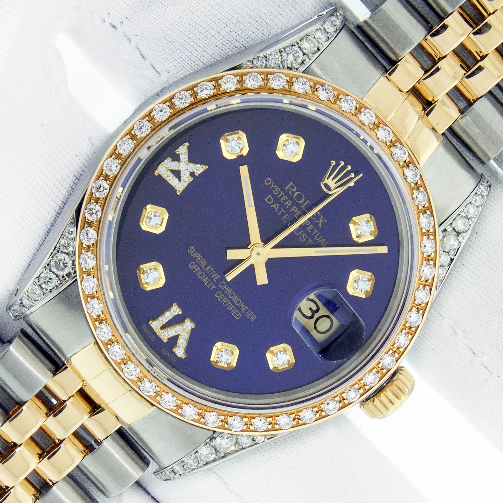 Rolex Mens DateJust Blue Diamond Dial Steel - Yellow Gold Diamond Bezel Watch