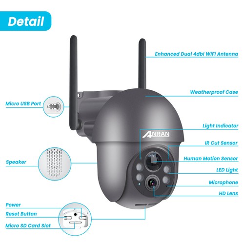 3MP WIFI Pan/Tilt Home Security Camera Outdoor Wireless Solar & Battery Powered