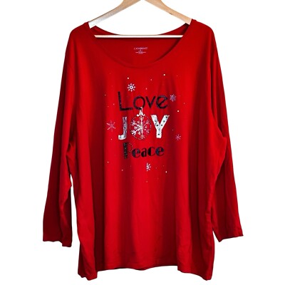 Catherines Womens Top Size 3X Red Christmas Beaded Love Peace Joy Sparkle