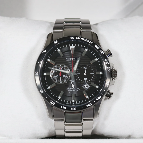 CITIZEN CITIZEN ECO-DRIVE SUPER TITANIUM BLACK DIAL CHRONOGRAPH MEN'S WATCH CA4444-82E
