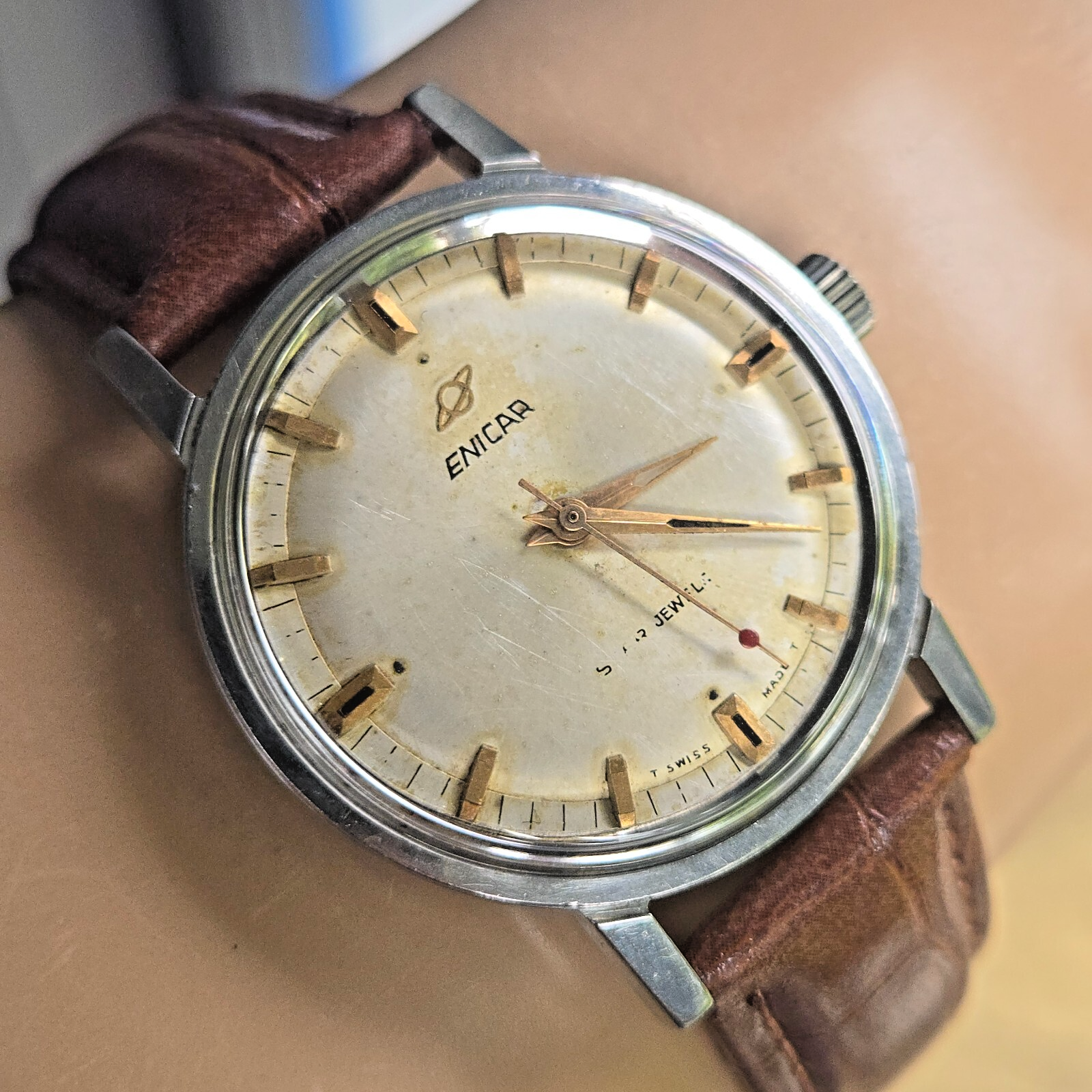 エルセーヌ　 NO.600ST Vintage ENICAR Ocean Pearl men's manual wind watch AR-1140 17Jewel