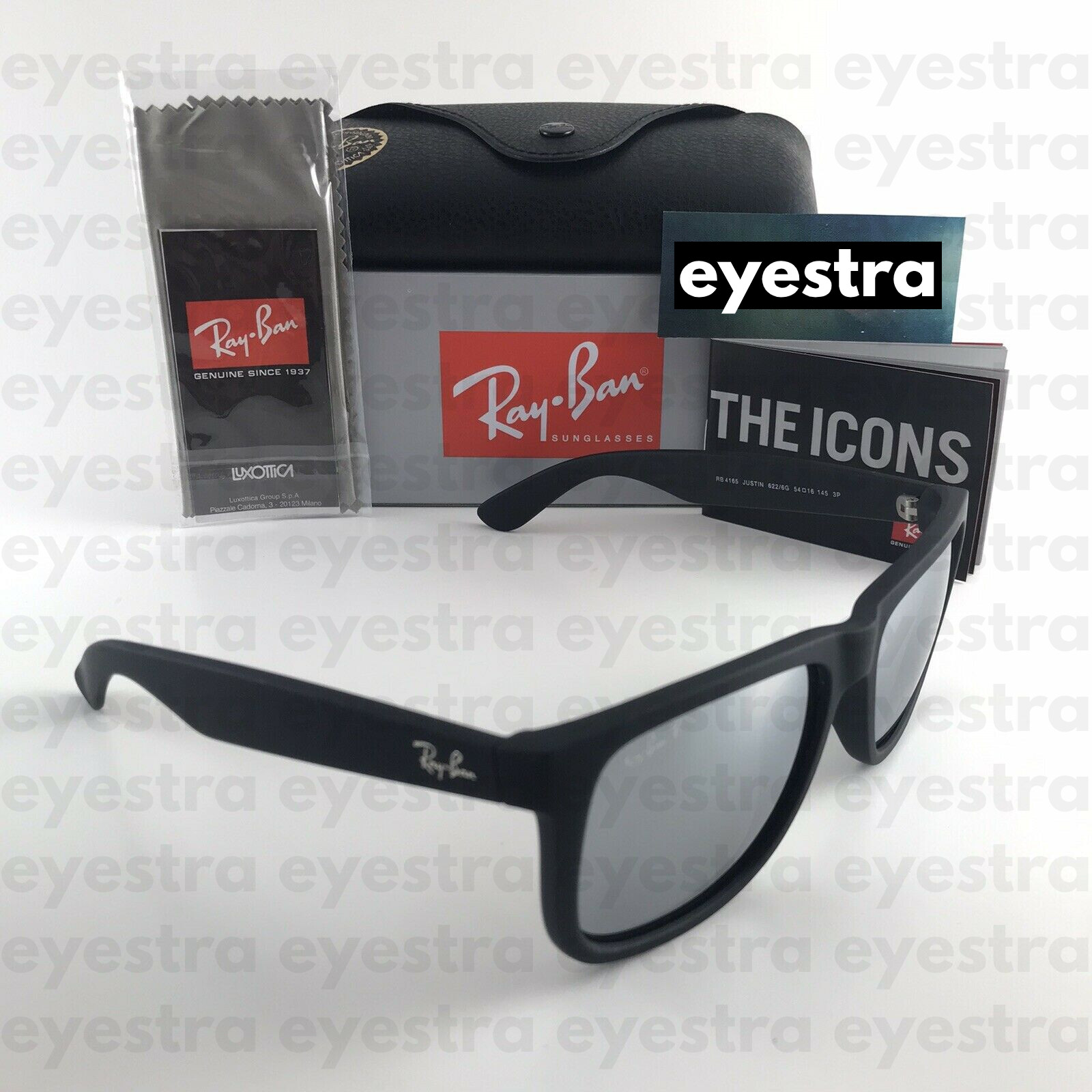 RAY BAN RAY-BAN JUSTIN POLARIZED SUNGLASSES MATTE BLACK SILVER LENS RB4165 622/6G 55MM