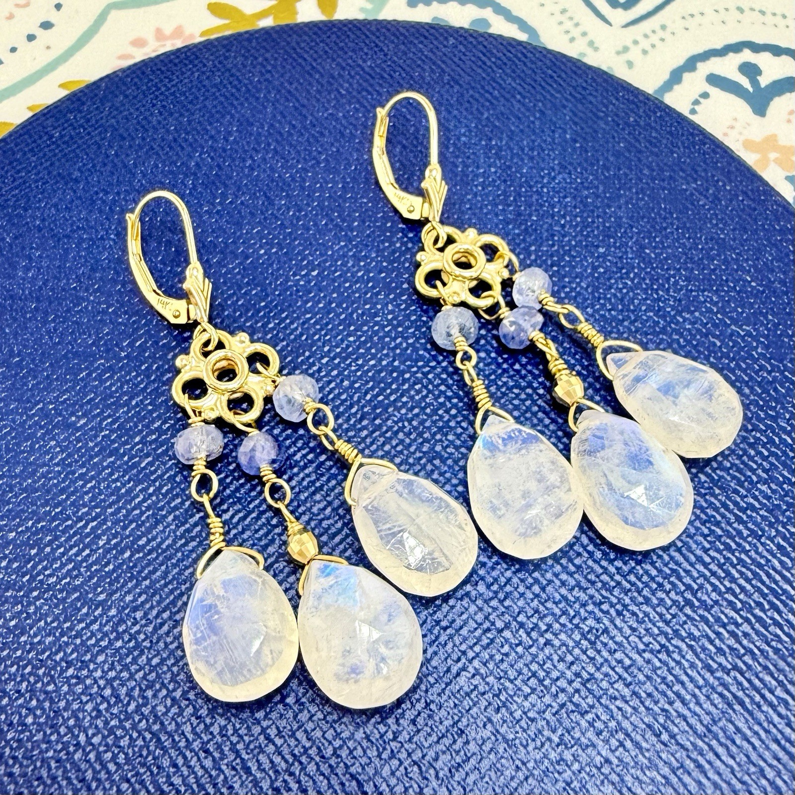 14k Yellow Gold Genuine Rainbow Moonstone and Sapphire Chandelier Earrings, - Picture 1 of 11