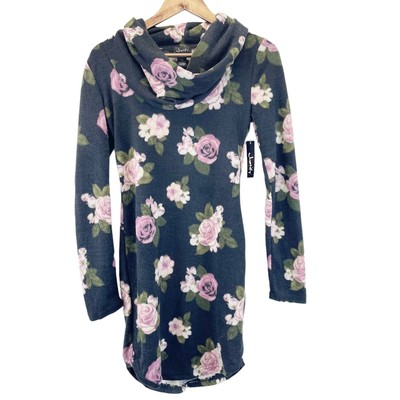 NEW Justify Womens Brushed Hacci Cowl Neck Dress Mini Stretchy Dark Floral M 
