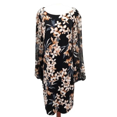 CONNECTED APPAREL 10p black brown floral long sleeve liquid knit dress NWT B29