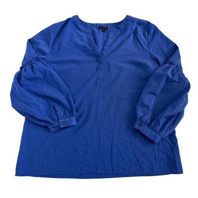 Talbots Royal Blue Puff Sleeve Split V-Neck Blouse XL Ruffle Detail Top