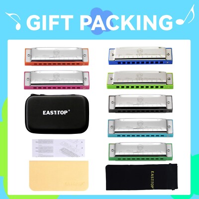 EASTTOP Harmonica Set of 7 10Hole Diatonic Blues Harmonica Set 7 Colors Gift Hot