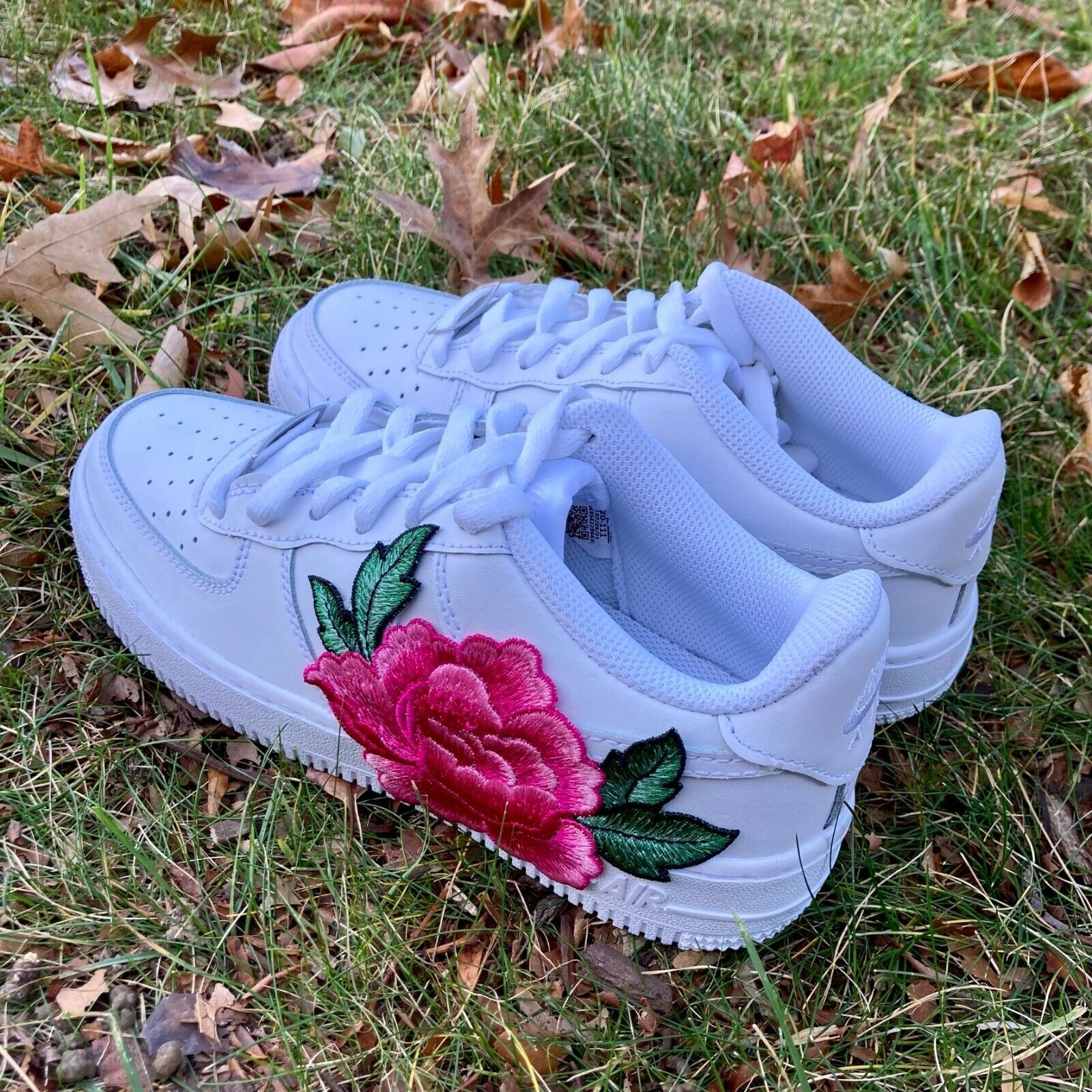 Pre-owned Nike Air Force 1 Low Custom White Shoes Pink Rose Embroidery Floral Mens Womens