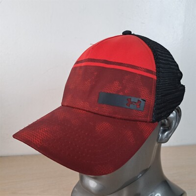 UNDER ARMOUR DIAMOND/STRIPE ADJUSTABLE SNAPBACK TRUCKER/MESH HAT/CAP, RED/BLACK