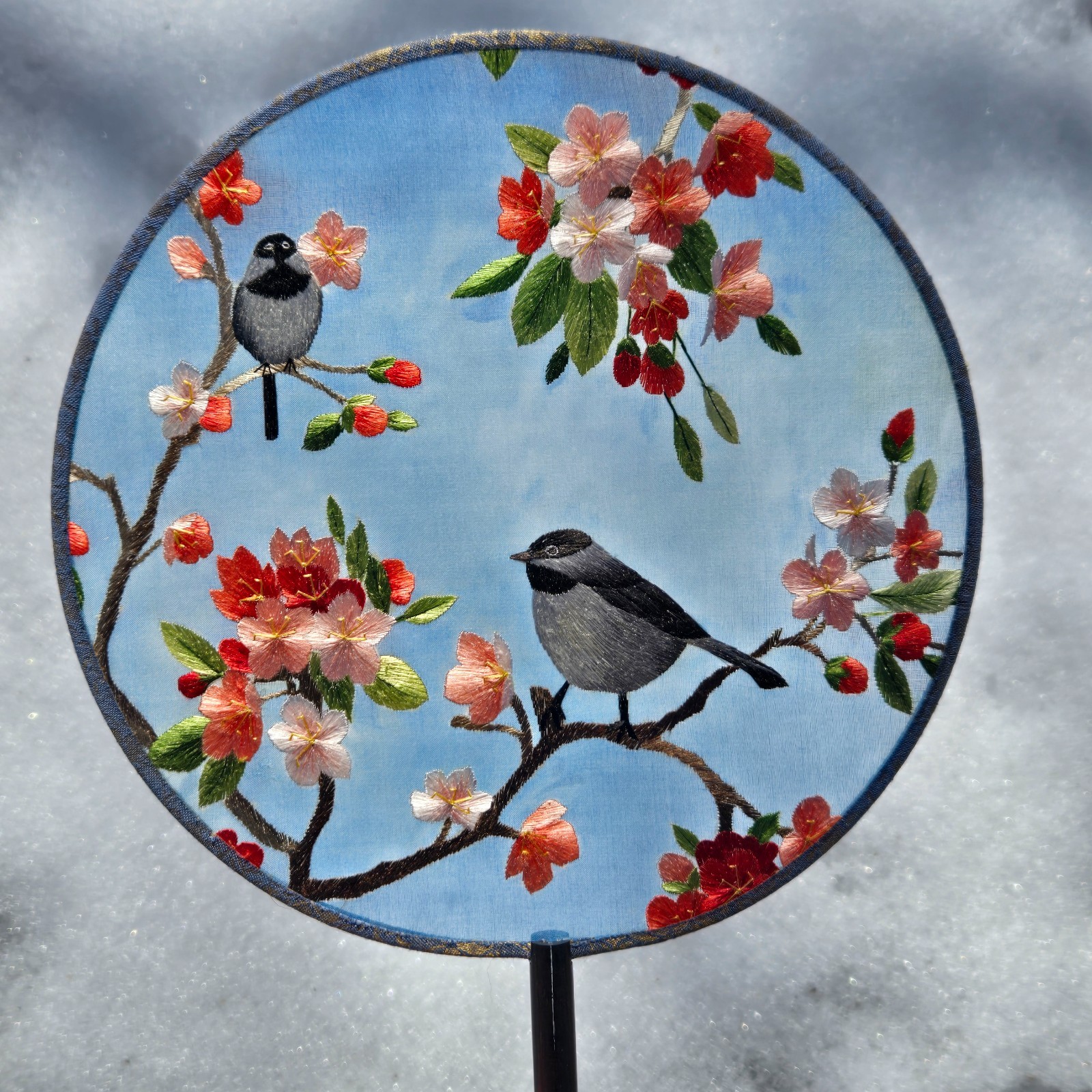 Vintage Silk Embroidered Red Bird Floral Chinese Bamboo Handle Round Fan