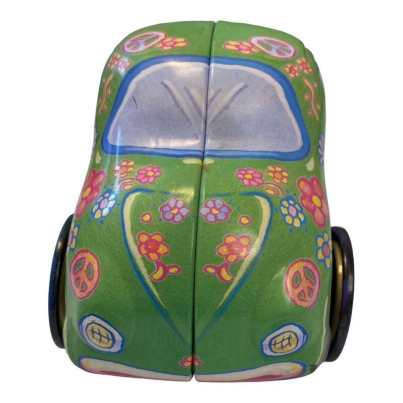 Peace Flowers Retro Candy Cookie Tin Volkswagen VW Bug 6" Green Beetle Car 