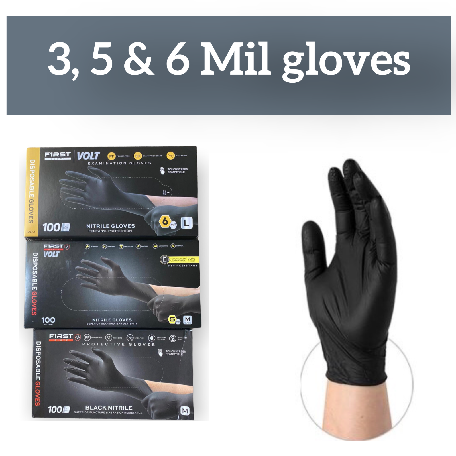 First Glove Black Nitrile Disposable Gloves Powder Latex Free 3 5