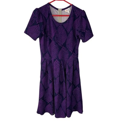LuLaRoe Women's Size M Amelia Dress Blue Purple Leaves Pockets Short Sleeve