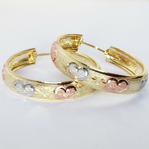 Pre-owned Pink Solid 14k Gold Hoop Earrings Hearts Yellow White Rose 1 Inch Long
