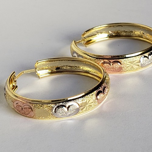 Pre-owned Pink Solid 14k Gold Hoop Earrings Hearts Yellow White Rose 1 Inch Long