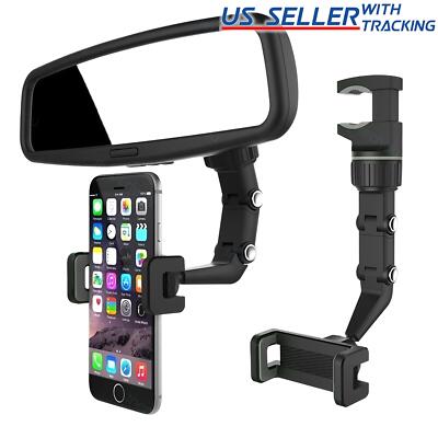 360° Rearview Mirror Car Phone Holder Mount Rotation Adjustable