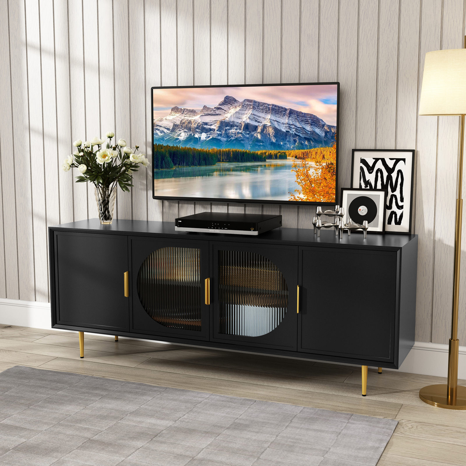 Glass Door TV Stand For TV Up To 75" Modern Entertainment Center With Gold Leg
