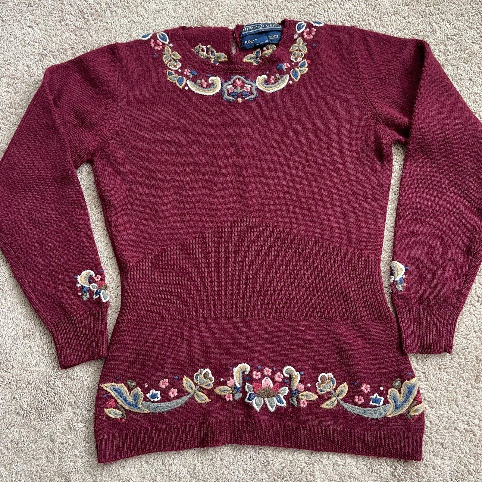 90s HERMAN GEIST 手刺繍 花柄 パフスリーブ ウールニット Vintage 90's Herman Geist Wool Sweater Hand Embroidered