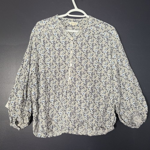 Max Studio Women's Peasant Blouse Long Bell Sleeve Shirt Ditsy Floral Blue M
