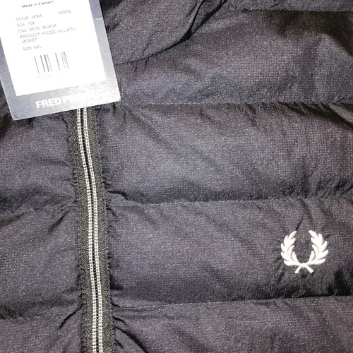 Pre-owned Fred Perry Mens 2xl Xxl Black Insulated Hooded Jacket Puffer Coat White Zipper