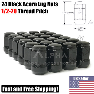 24 Black Bulge Acorn Lug Nuts 1/2''-20 Fits Dodge Viper Dakota Durango Nitro