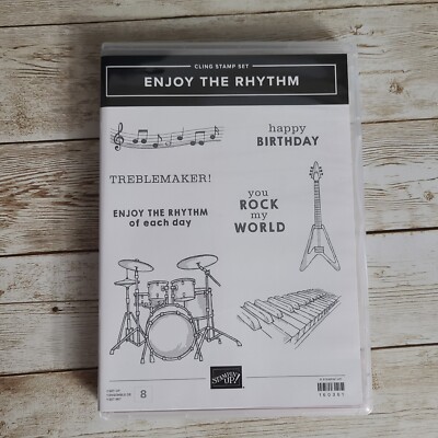 Stampin Up ENJOY THE RHYTHM Cling Stamp Set~Birthday~Drums~Guitar~Rock My World